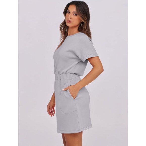 Anrabess Women Light Grey Crew Neck Elastic Waist Mini T Shirt Dress With Pocket - Picture 4 of 6